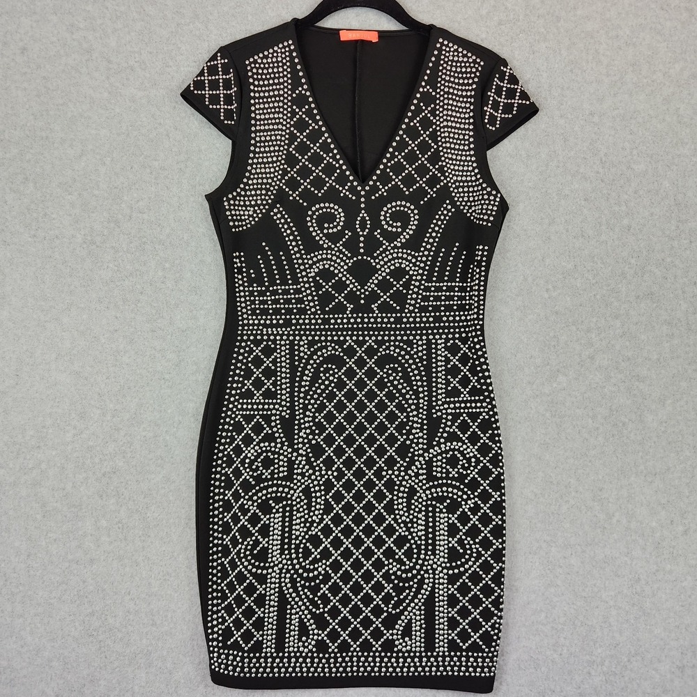 Banjul Black V-Neck Bodycon Mini Dress Geometric Silver Studded Glam Juniors M‎